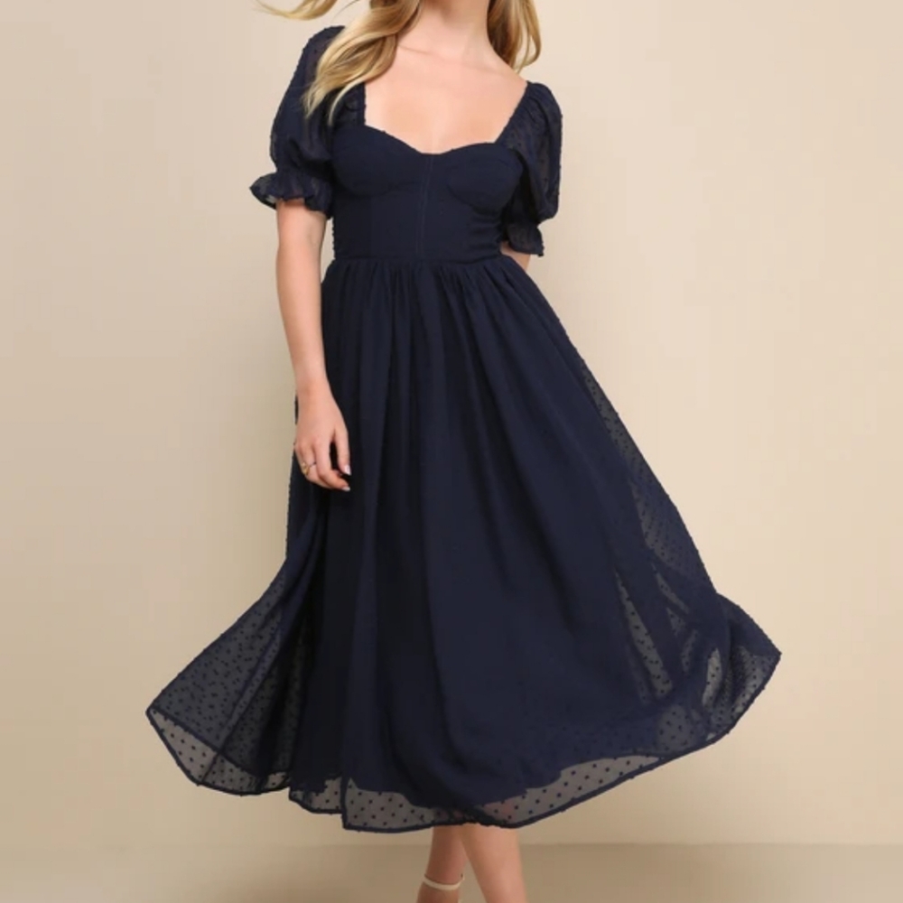 Lulu's Flawless Elegance Navy Swiss Dot Puff Sleeve Bustier Midi Dress